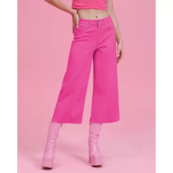 GRAPENT Jean Capris for Women Wide Leg Jeans High Waisted Seamed Front Raw Hem Denim Capri Pants StretchyHot Pink