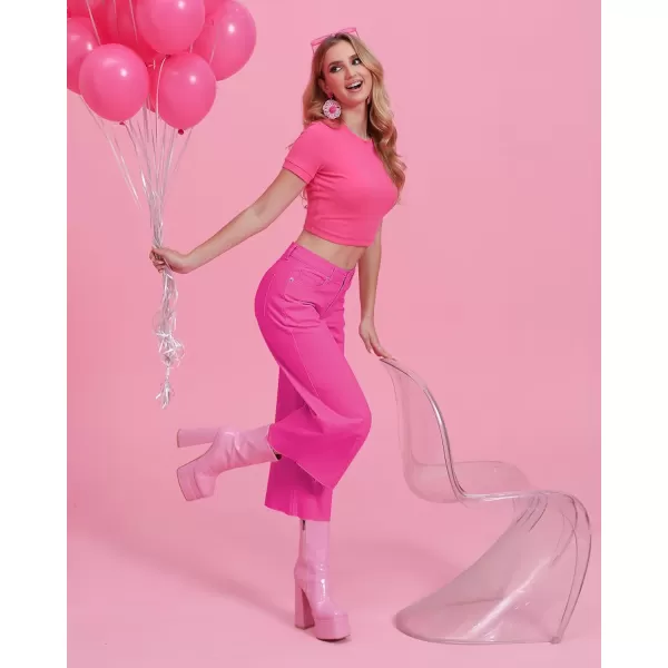 GRAPENT Jean Capris for Women Wide Leg Jeans High Waisted Seamed Front Raw Hem Denim Capri Pants StretchyHot Pink