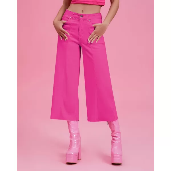 GRAPENT Jean Capris for Women Wide Leg Jeans High Waisted Seamed Front Raw Hem Denim Capri Pants StretchyHot Pink