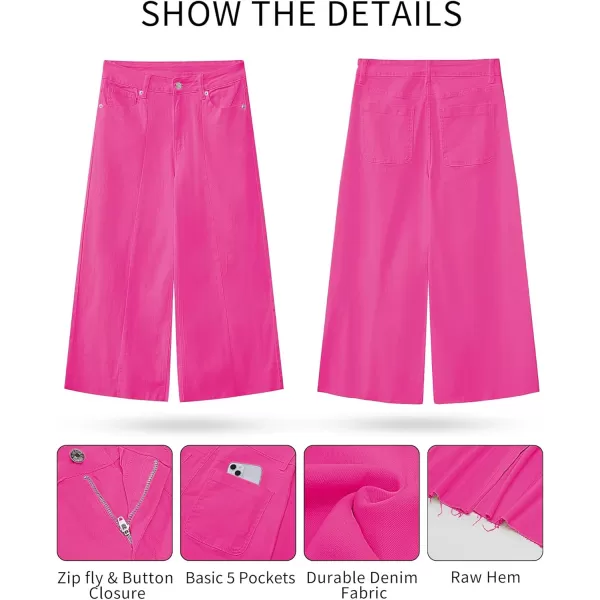 GRAPENT Jean Capris for Women Wide Leg Jeans High Waisted Seamed Front Raw Hem Denim Capri Pants StretchyHot Pink