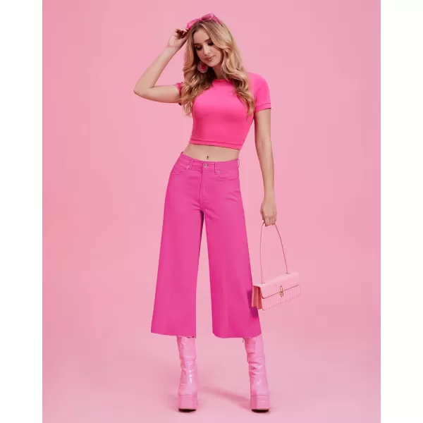 GRAPENT Jean Capris for Women Wide Leg Jeans High Waisted Seamed Front Raw Hem Denim Capri Pants StretchyHot Pink