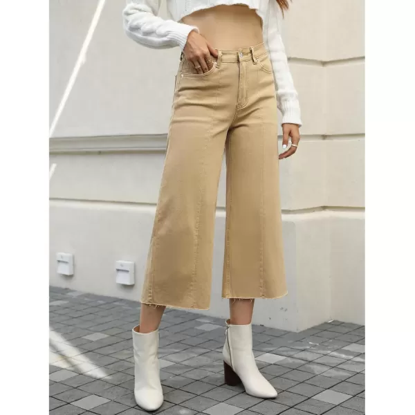 GRAPENT Jean Capris for Women Wide Leg Jeans High Waisted Seamed Front Raw Hem Denim Capri Pants StretchyKhaki