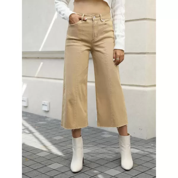 GRAPENT Jean Capris for Women Wide Leg Jeans High Waisted Seamed Front Raw Hem Denim Capri Pants StretchyKhaki