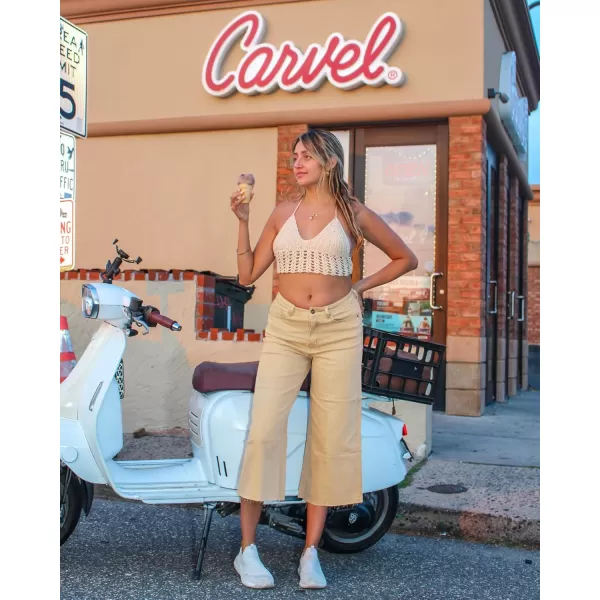 GRAPENT Jean Capris for Women Wide Leg Jeans High Waisted Seamed Front Raw Hem Denim Capri Pants StretchyKhaki