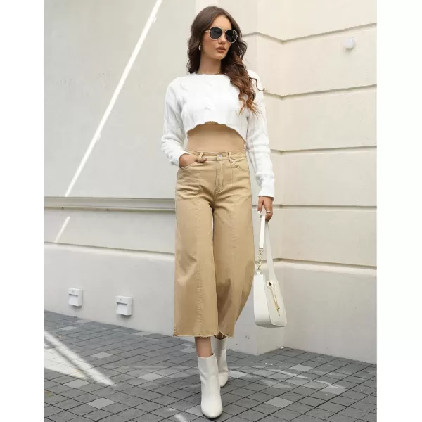 GRAPENT Jean Capris for Women Wide Leg Jeans High Waisted Seamed Front Raw Hem Denim Capri Pants StretchyKhaki