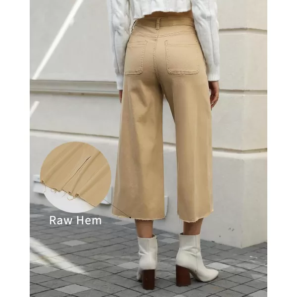 GRAPENT Jean Capris for Women Wide Leg Jeans High Waisted Seamed Front Raw Hem Denim Capri Pants StretchyKhaki
