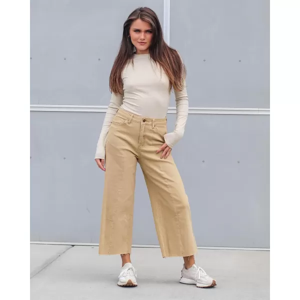 GRAPENT Jean Capris for Women Wide Leg Jeans High Waisted Seamed Front Raw Hem Denim Capri Pants StretchyKhaki