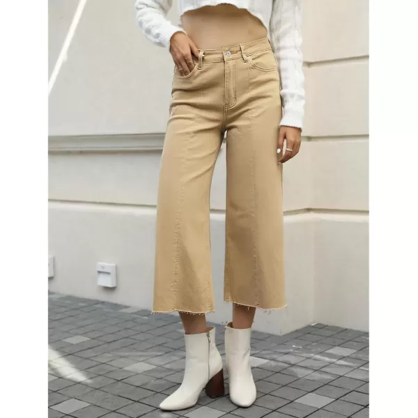 GRAPENT Jean Capris for Women Wide Leg Jeans High Waisted Seamed Front Raw Hem Denim Capri Pants StretchyKhaki