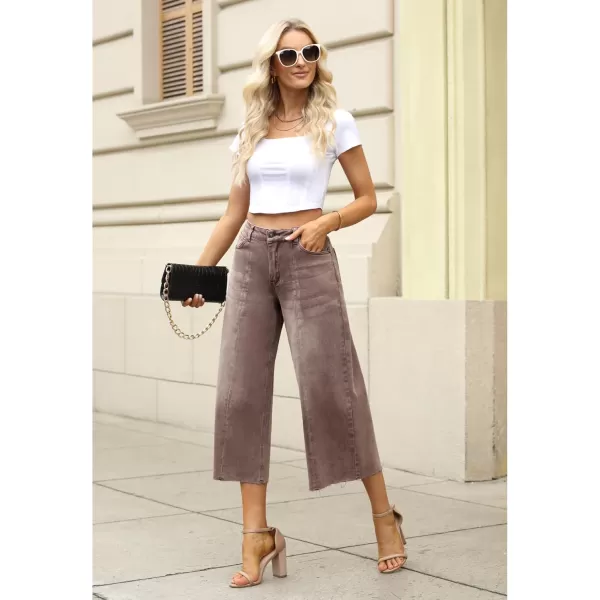 GRAPENT Jean Capris for Women Wide Leg Jeans High Waisted Seamed Front Raw Hem Denim Capri Pants StretchyPecan Brown