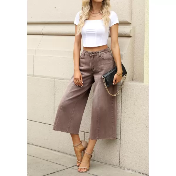 GRAPENT Jean Capris for Women Wide Leg Jeans High Waisted Seamed Front Raw Hem Denim Capri Pants StretchyPecan Brown