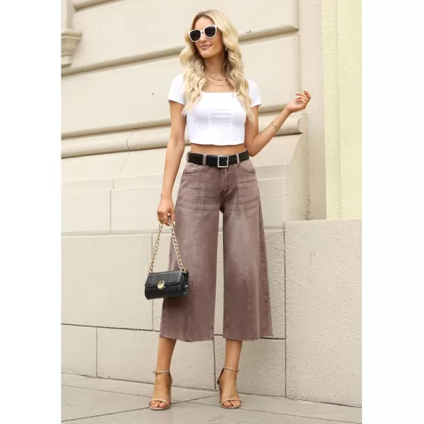 GRAPENT Jean Capris for Women Wide Leg Jeans High Waisted Seamed Front Raw Hem Denim Capri Pants StretchyPecan Brown