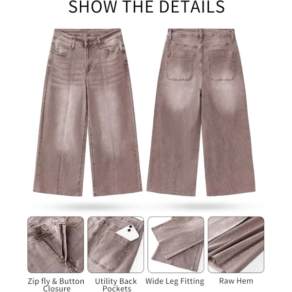 GRAPENT Jean Capris for Women Wide Leg Jeans High Waisted Seamed Front Raw Hem Denim Capri Pants StretchyPecan Brown