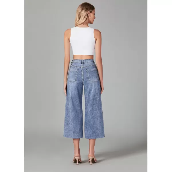 GRAPENT Jean Capris for Women Wide Leg Jeans High Waisted Seamed Front Raw Hem Denim Capri Pants StretchyReef Blue
