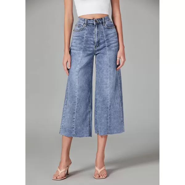 GRAPENT Jean Capris for Women Wide Leg Jeans High Waisted Seamed Front Raw Hem Denim Capri Pants StretchyReef Blue