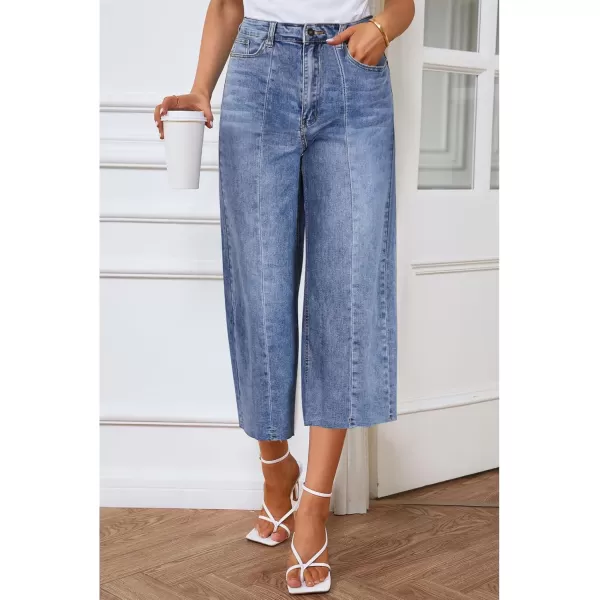 GRAPENT Jean Capris for Women Wide Leg Jeans High Waisted Seamed Front Raw Hem Denim Capri Pants StretchyReef Blue