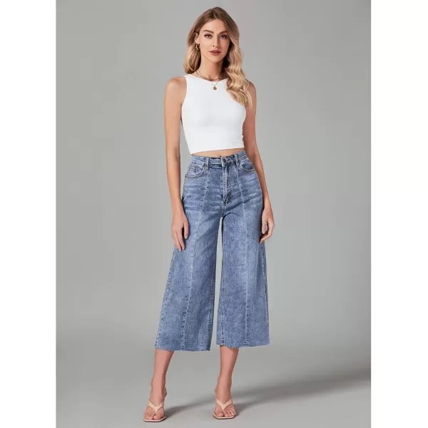 GRAPENT Jean Capris for Women Wide Leg Jeans High Waisted Seamed Front Raw Hem Denim Capri Pants StretchyReef Blue