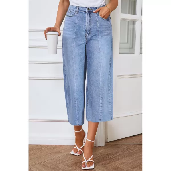 GRAPENT Jean Capris for Women Wide Leg Jeans High Waisted Seamed Front Raw Hem Denim Capri Pants StretchyWategos Blue