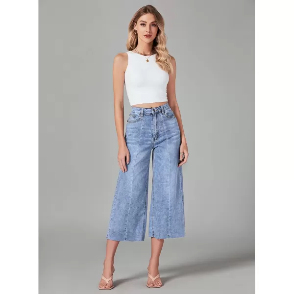 GRAPENT Jean Capris for Women Wide Leg Jeans High Waisted Seamed Front Raw Hem Denim Capri Pants StretchyWategos Blue