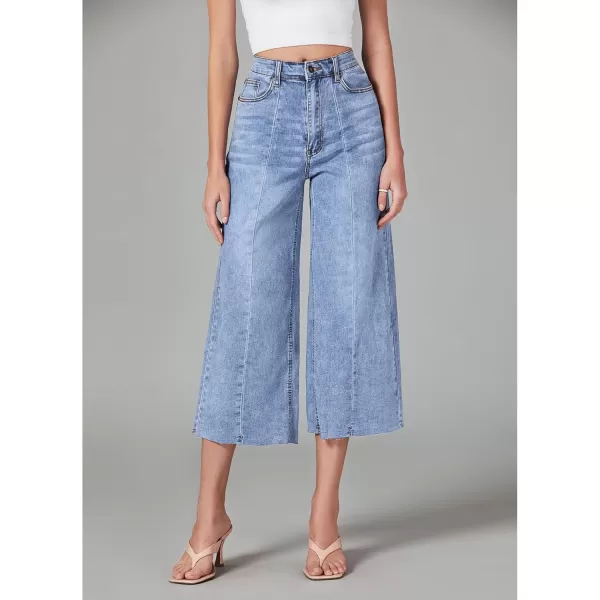 GRAPENT Jean Capris for Women Wide Leg Jeans High Waisted Seamed Front Raw Hem Denim Capri Pants StretchyWategos Blue