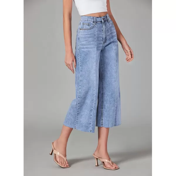 GRAPENT Jean Capris for Women Wide Leg Jeans High Waisted Seamed Front Raw Hem Denim Capri Pants StretchyWategos Blue