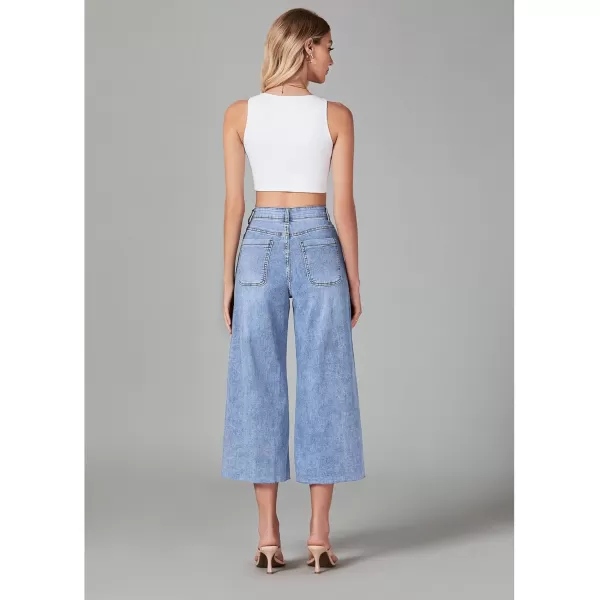 GRAPENT Jean Capris for Women Wide Leg Jeans High Waisted Seamed Front Raw Hem Denim Capri Pants StretchyWategos Blue
