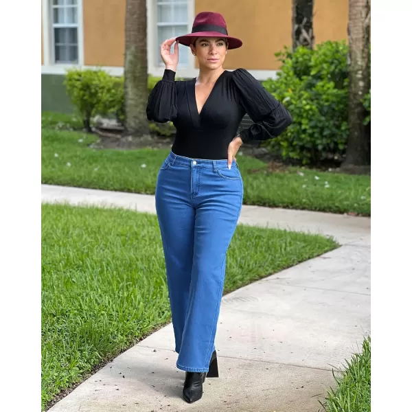 GRAPENT Jeans for Women Fleece Lined Pants High Waisted Stretchy Denim Straight Leg Baggy Jeans Sherpa Warm Winter ClothesMonaco Blue