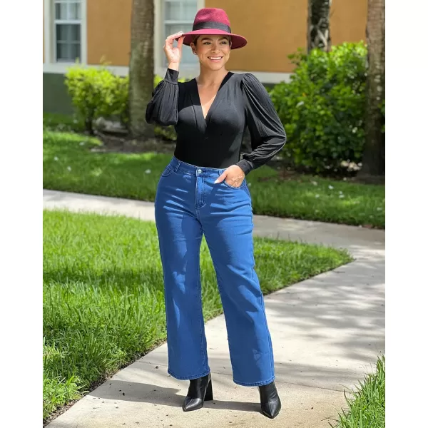 GRAPENT Jeans for Women Fleece Lined Pants High Waisted Stretchy Denim Straight Leg Baggy Jeans Sherpa Warm Winter ClothesMonaco Blue