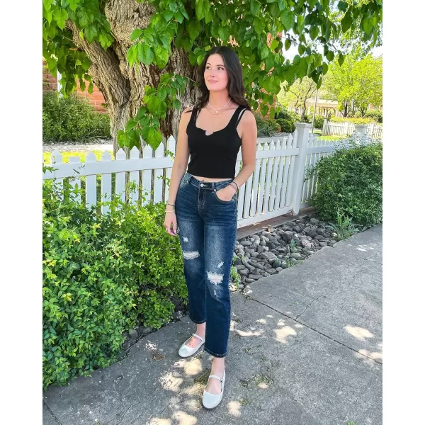 GRAPENT Jeans for Women High Waisted Distressed Straight Leg Ripped Jeans Stretchy Denim Pants Western Outfit 90sClassic Blue