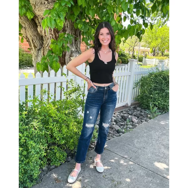 GRAPENT Jeans for Women High Waisted Distressed Straight Leg Ripped Jeans Stretchy Denim Pants Western Outfit 90sClassic Blue