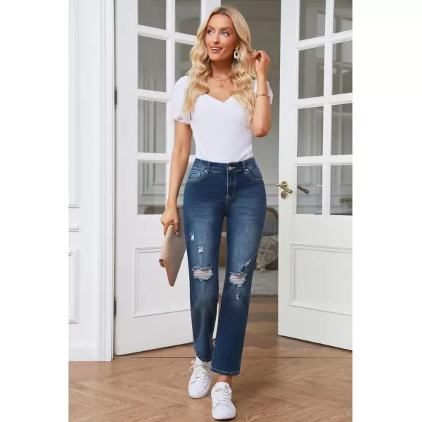 GRAPENT Jeans for Women High Waisted Distressed Straight Leg Ripped Jeans Stretchy Denim Pants Western Outfit 90sClassic Blue