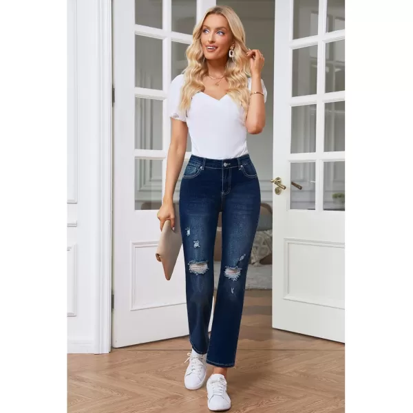 GRAPENT Jeans for Women High Waisted Distressed Straight Leg Ripped Jeans Stretchy Denim Pants Western Outfit 90sCobalt Night Blue