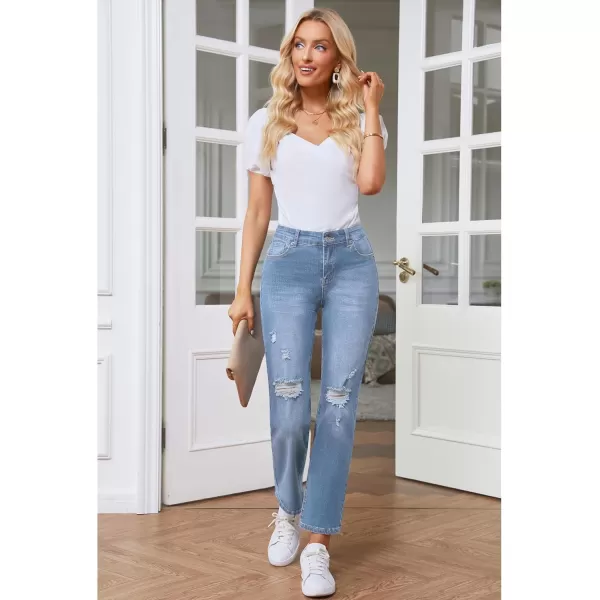 GRAPENT Jeans for Women High Waisted Distressed Straight Leg Ripped Jeans Stretchy Denim Pants Western Outfit 90sCool Blue
