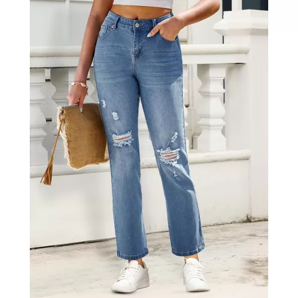 GRAPENT Jeans for Women High Waisted Distressed Straight Leg Ripped Jeans Stretchy Denim Pants Western Outfit 90sMedium Blue