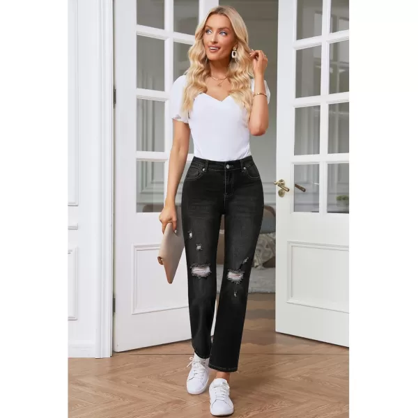 GRAPENT Jeans for Women High Waisted Distressed Straight Leg Ripped Jeans Stretchy Denim Pants Western Outfit 90sSoft Black