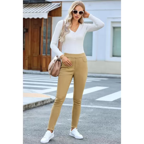 GRAPENT Jeans for Women High Waisted Pull On Fleece Lined Leggings Stretchy Denim Skinny Jeggings Thermal Winter PantsKhaki