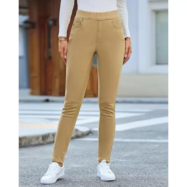 GRAPENT Jeans for Women High Waisted Pull On Fleece Lined Leggings Stretchy Denim Skinny Jeggings Thermal Winter PantsKhaki