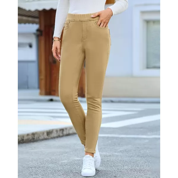 GRAPENT Jeans for Women High Waisted Pull On Fleece Lined Leggings Stretchy Denim Skinny Jeggings Thermal Winter PantsKhaki