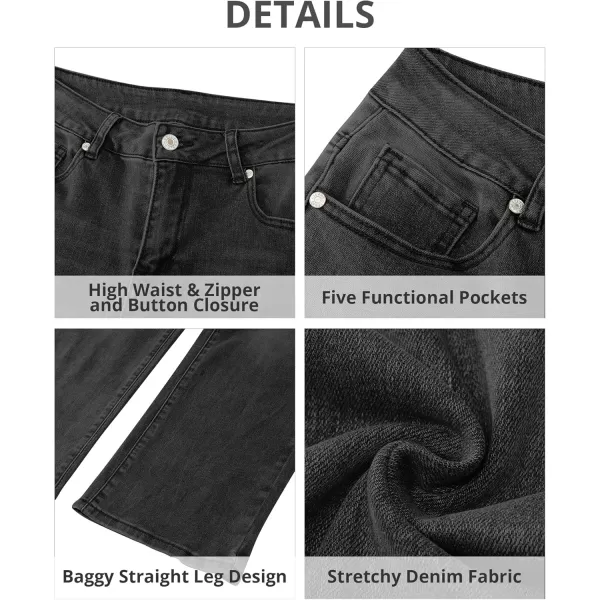 GRAPENT Jeans for Women Trendy High Waisted Baggy Straight Leg Stretchy Denim Ankle Pants Cropped Jeans with PocketsFaded Black