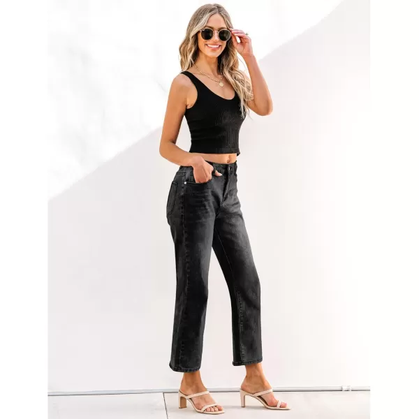 GRAPENT Jeans for Women Trendy High Waisted Baggy Straight Leg Stretchy Denim Ankle Pants Cropped Jeans with PocketsFaded Black