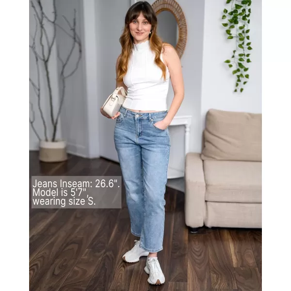 GRAPENT Jeans for Women Trendy High Waisted Baggy Straight Leg Stretchy Denim Ankle Pants Cropped Jeans with PocketsLakeside Blue