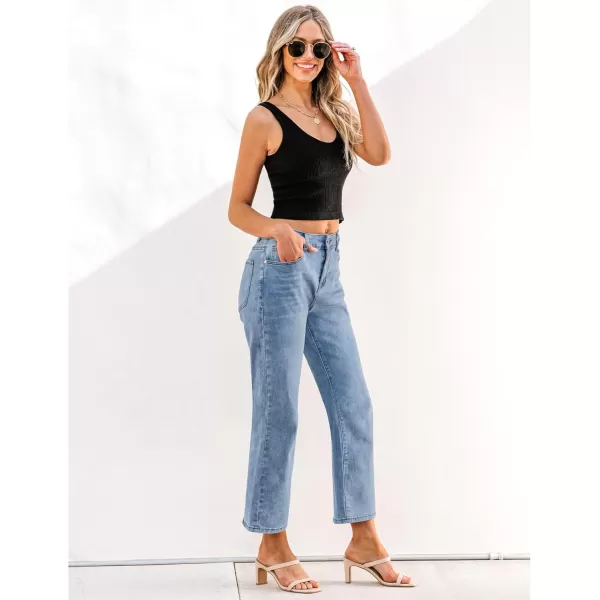 GRAPENT Jeans for Women Trendy High Waisted Baggy Straight Leg Stretchy Denim Ankle Pants Cropped Jeans with PocketsLakeside Blue