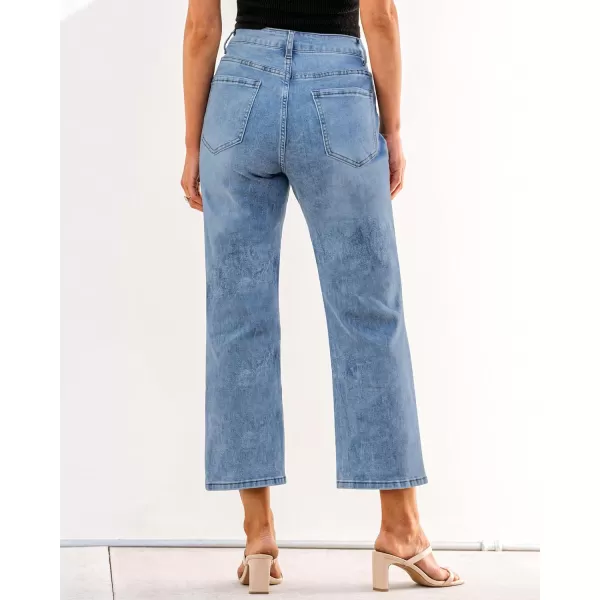 GRAPENT Jeans for Women Trendy High Waisted Baggy Straight Leg Stretchy Denim Ankle Pants Cropped Jeans with PocketsLakeside Blue