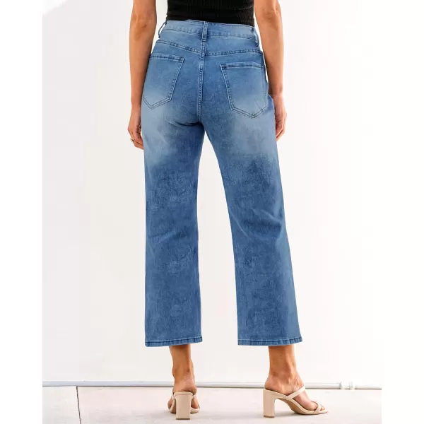GRAPENT Jeans for Women Trendy High Waisted Baggy Straight Leg Stretchy Denim Ankle Pants Cropped Jeans with PocketsMedium Blue