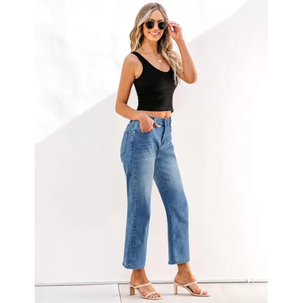 GRAPENT Jeans for Women Trendy High Waisted Baggy Straight Leg Stretchy Denim Ankle Pants Cropped Jeans with PocketsMedium Blue