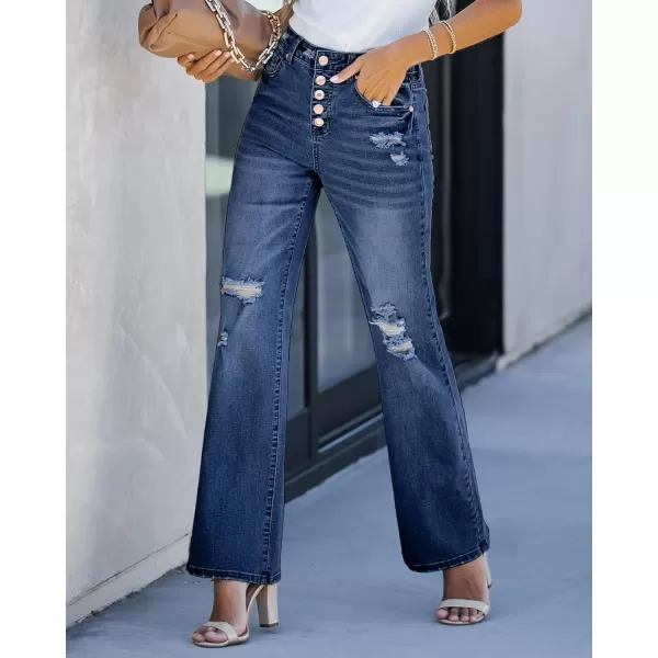GRAPENT Ripped Jeans for Women High Waist Stretchy Button Fly Denim Flare Wide Leg Distressed Jean Pants Baggy JeansDark Blue