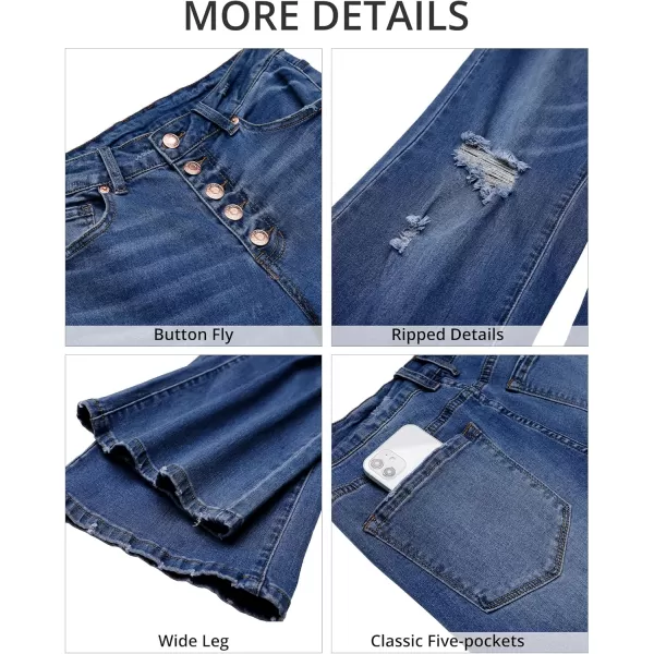 GRAPENT Ripped Jeans for Women High Waist Stretchy Button Fly Denim Flare Wide Leg Distressed Jean Pants Baggy JeansDark Blue