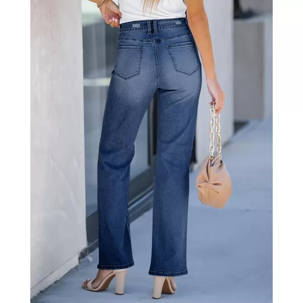GRAPENT Ripped Jeans for Women High Waist Stretchy Button Fly Denim Flare Wide Leg Distressed Jean Pants Baggy JeansDark Blue