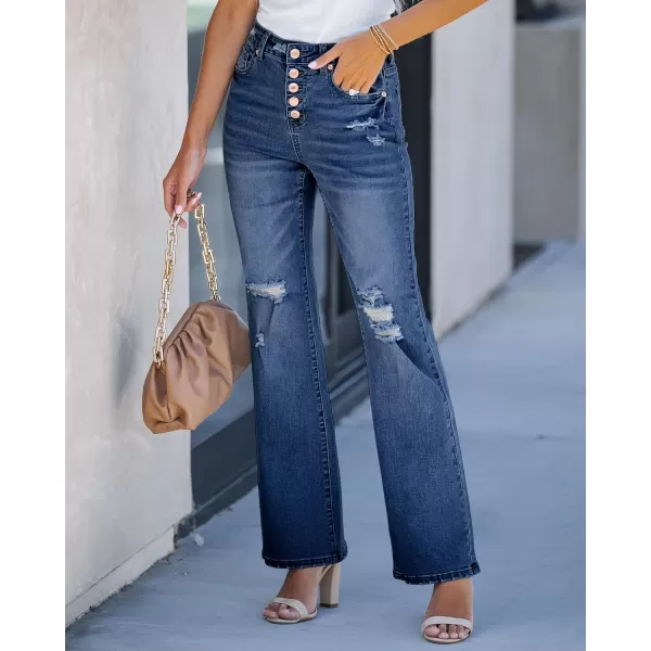 GRAPENT Ripped Jeans for Women High Waist Stretchy Button Fly Denim Flare Wide Leg Distressed Jean Pants Baggy JeansDark Blue