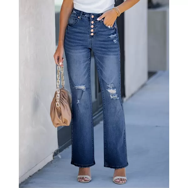 GRAPENT Ripped Jeans for Women High Waist Stretchy Button Fly Denim Flare Wide Leg Distressed Jean Pants Baggy JeansDark Blue