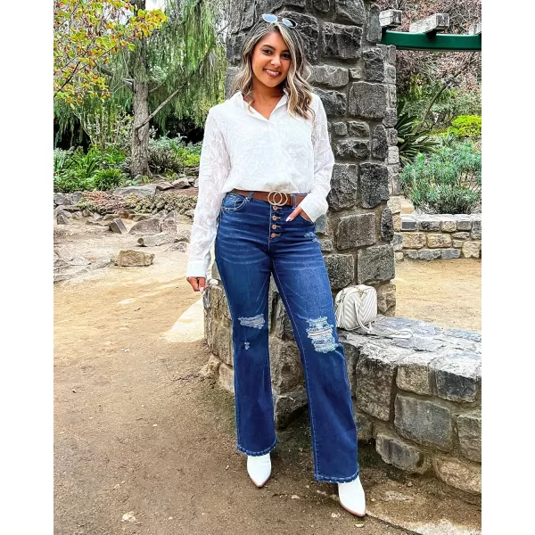 GRAPENT Ripped Jeans for Women High Waist Stretchy Button Fly Denim Flare Wide Leg Distressed Jean Pants Baggy JeansDark Blue